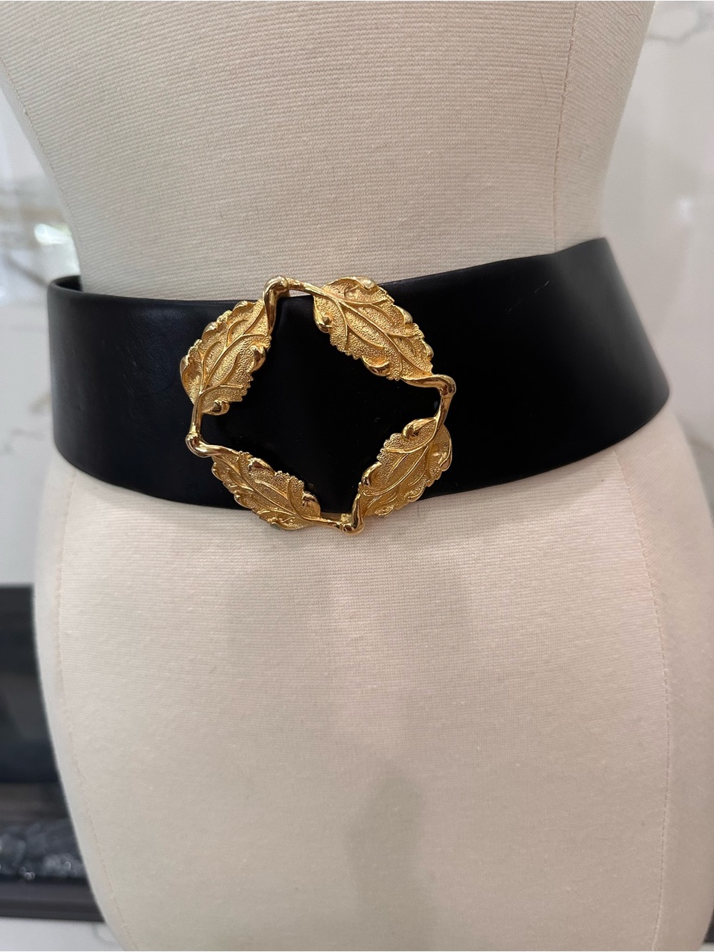 Vintage Leather Wide Black Waist Belt with Gold Leaf Motif Buckle